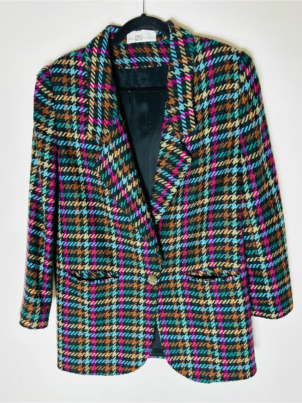 Vintage Two Roads Vintage 90s Bold Plaid Blazer Wool Blend L Academia Retro